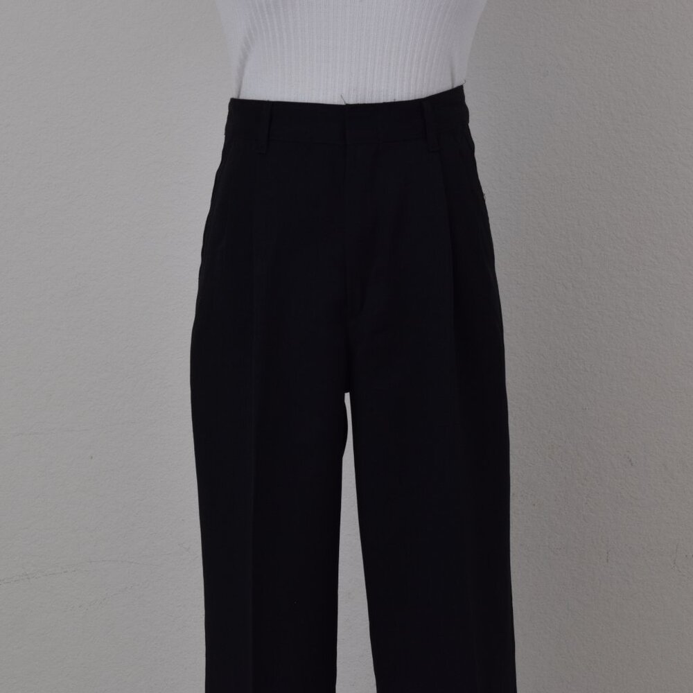Vintage 90s Black Pleated Polyester Straight Leg‎ Pants | 28 waist